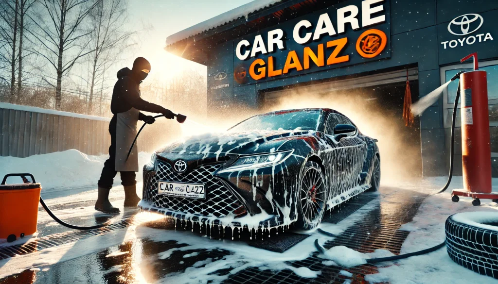 DALL·E 2025-01-08 10.21.29 - A winter daytime scene with bright sunlight where a black Toyota Crown Sports car is being washed at a professional car care shop. The person is activ - 四国エリア最大級のガラスコーティング専門店 カーケアグランツ カーコーティング施工後の洗車方法について解説するイメージ