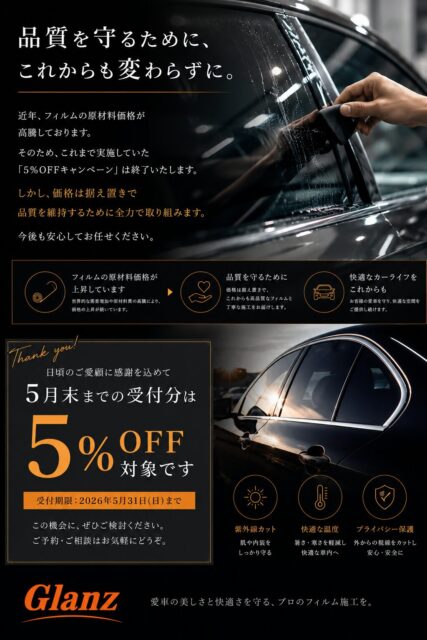 黒の車の窓を拭く手を中心に、品質を守るメッセージと5%OFFキャンペーンを伝える日本語の広告ポスター（Glanz）