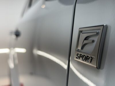 Close-up of a silver car door badge reading 'F SPORT' on a gray vehicle surface.
